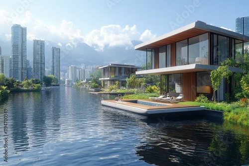 Stylish villas positioned on water with a backdrop of a breathtaking city skyline, providing a modern and luxurious lifestyle choice for urban dwellers.