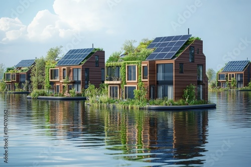 A group of contemporary eco-homes with solar panels, surrounded by water, represents eco-friendly and sustainable living in today's modern society. photo