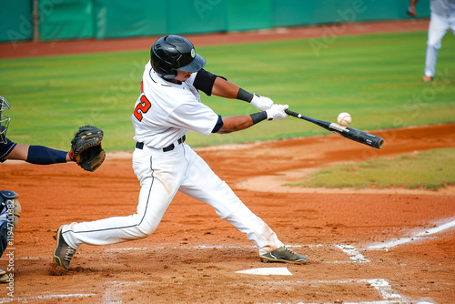 Baseball player makes contact with the ball, executing a powerful swing during a daytime game.