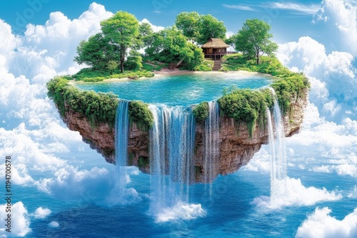 An idyllic island adorned with a charming house, lush vegetation, and cascading waterfalls, drifting in a sea of clouds, embodies serenity and peace. photo