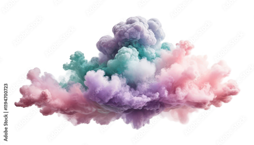 Fototapeta premium An ethereal, colorful powder cloud in pastel shades of pink, lavender, and teal, gently diffusing in the air, isolated on a white transparent background PNG