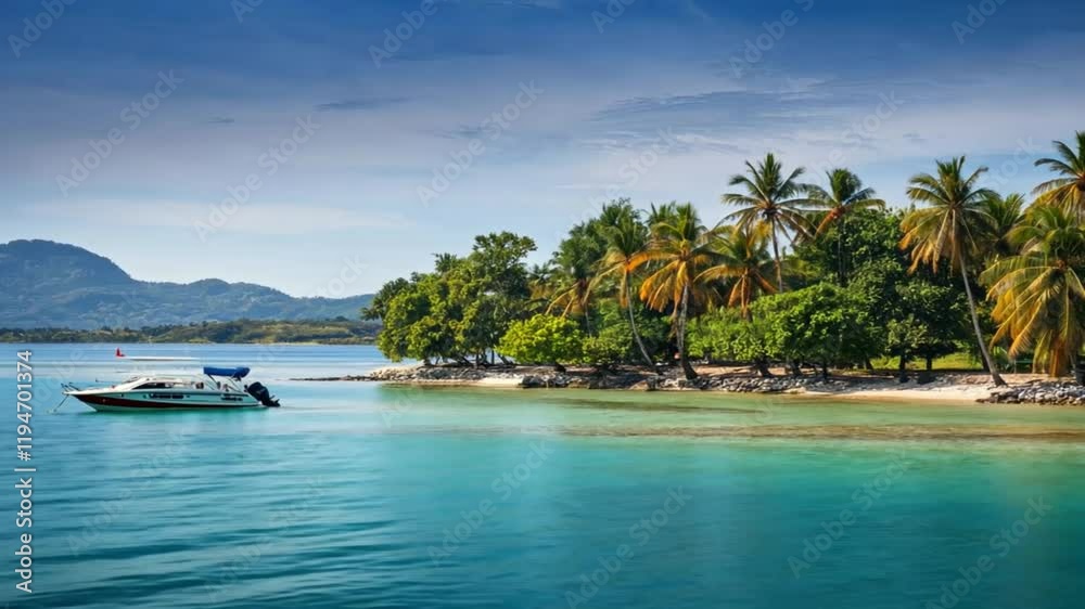 Quiet Thailand island shoreline with a travel boat and turquoise waters, no tourists in sight Quiet Thailand island shoreline with a travel boat and turquoise waters, no tourists in sight