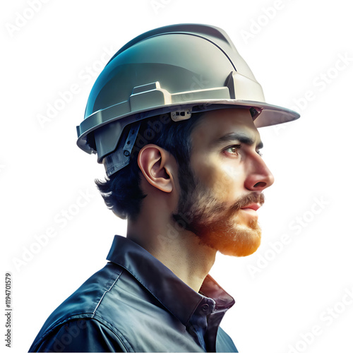 Portrait Confident Construction Worker Hard Hat Profile man job beard helmet strong safety