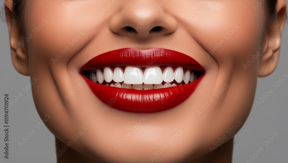 Fototapeta premium A close-up of a woman's perfect white teeth and bold red lips, smiling brightly. Beauty, confidence, and dental care concept