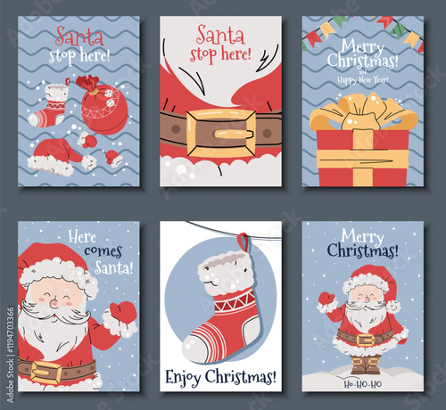 Set of Christmas cards with cheerful Santa Claus in red suit waving hand on snowy blue background in flat cartoon style. Vector illustration for poster, banner, invitation, etc
