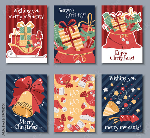 Set of Greeting cards with Santa Claus's sack and sleigh filled with gifts for children in a flat cartoon style. Vector illustration for poster, banner, invitation, etc. Christmas Bell, fireworks, a p