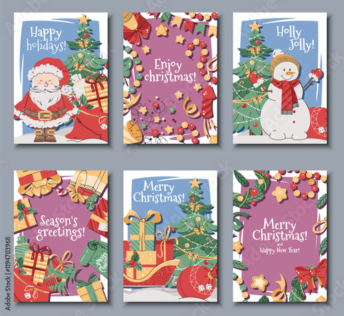 Set of Christmas greeting cards with Santa Claus, snowman, gifts, a wreath, gift box, a garland, and confetti on a pink background in a flat cartoon style. Vector illustration for poster, banner, invi