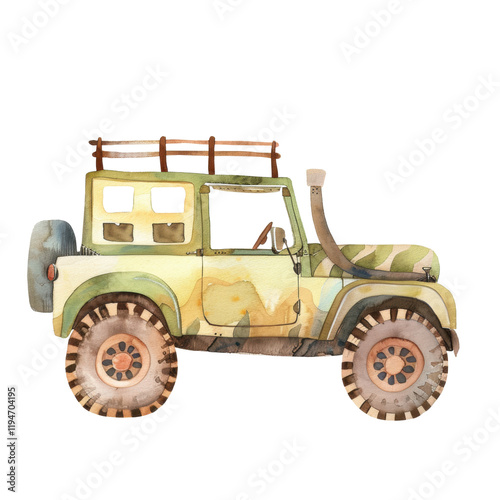 Watercolor cute vintage green safari car for travel and camping clip art element illustration