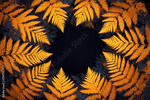 An abstract composition featuring orange ferns meticulously arranged in a circular pattern, creating a dynamic visual balance against a dark background. photo