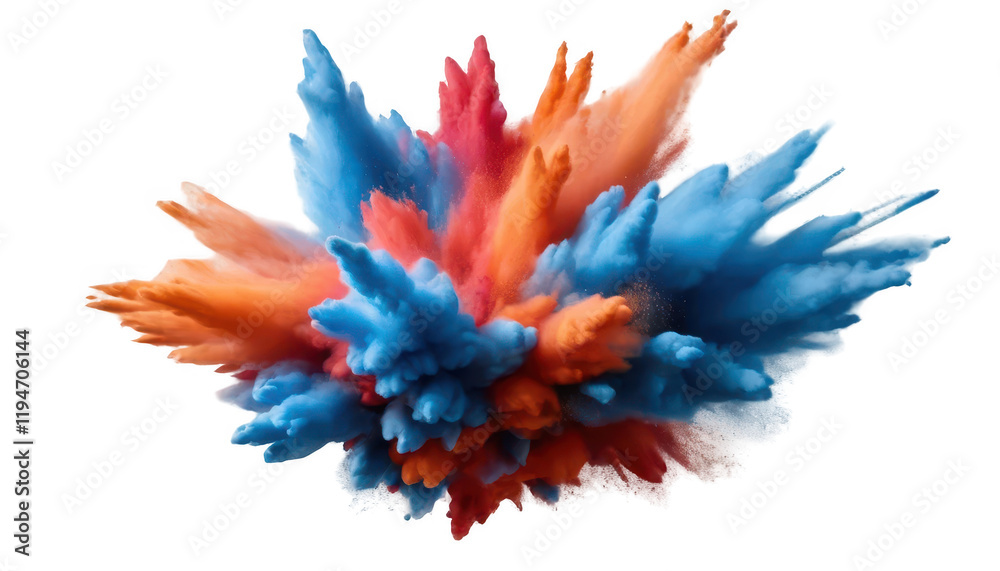 Naklejka premium A large burst of blue, red, and orange powder creating a vivid explosion in the air, isolated on a white transparent background PNG