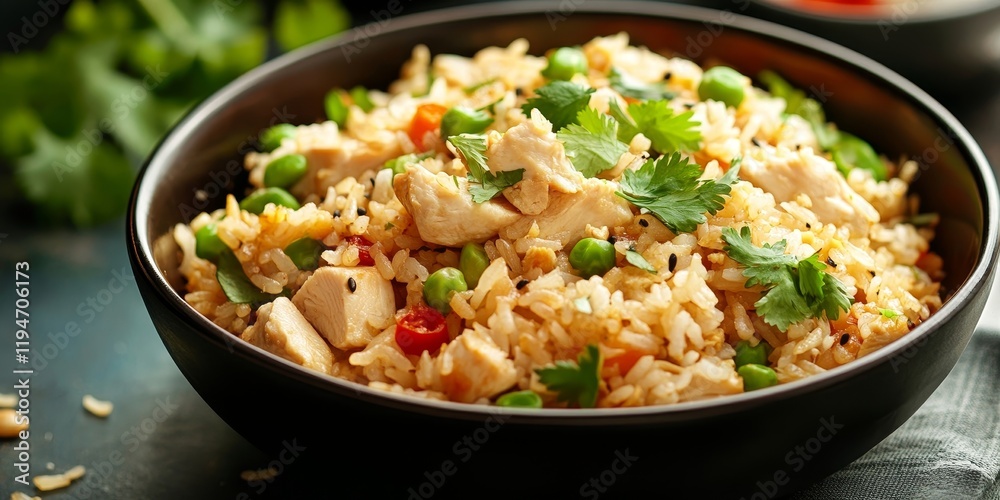 Fried rice with chicken, peas, and red chilies in a black bowl, garnished with fresh coriander, set against a blurred green background. Fried rice with chicken, peas, and red chilies in a black bowl, garnished with fresh coriander, set against a blurred green background.