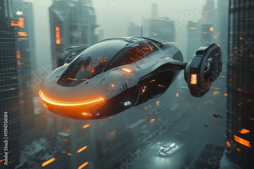 A sleek, futuristic flying vehicle cruises over a modern, misty city skyline, representing high-tech advancement and the seamless blend of technology and environment. photo