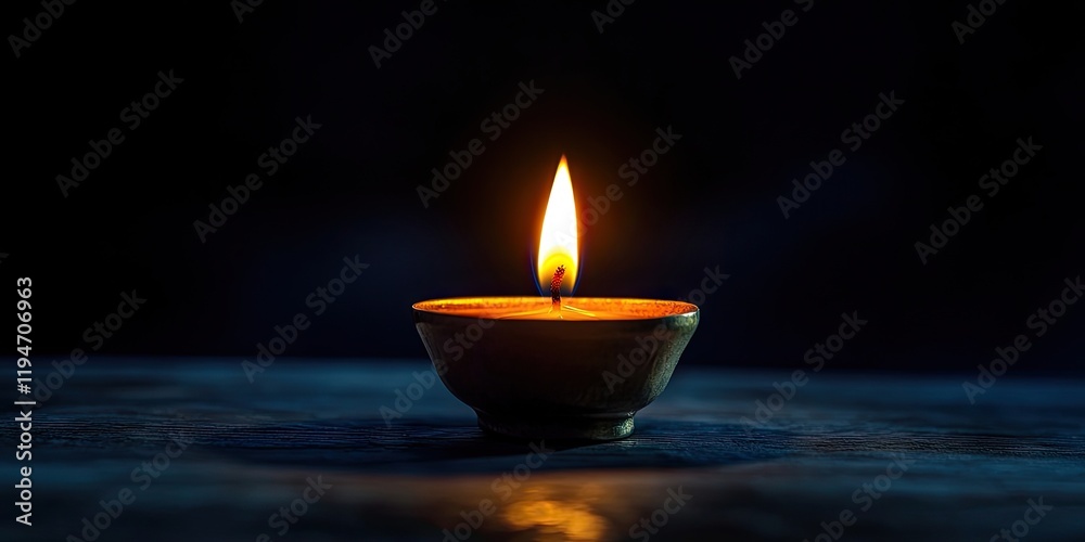 Glowing candle flame in small cup centered in dark background with warm yellow-orange light illuminating the scene creating a serene atmosphere Glowing candle flame in small cup centered in dark background with warm yellow-orange light illuminating the scene creating a serene atmosphere