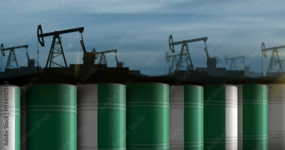 Nigeria oil business and fuel extraction barrels in row seamless and loopable concept. Nigerian petrol industrial containers. Nigeria oil business and fuel extraction barrels in row seamless and loopable concept. Nigerian petrol industrial containers.