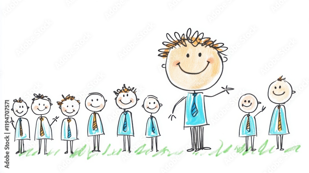 Playful Illustration of a Group of Children Smiling with a Happy Teacher in Colorful Clothing on a White Background Playful Illustration of a Group of Children Smiling with a Happy Teacher in Colorful Clothing on a White Background