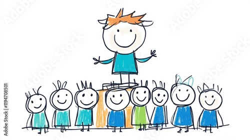 Happy Children Cartoon Illustration of a Leader on Stage Surrounded by Cheerful Friends in Colorful Outfits