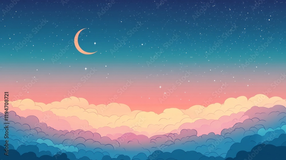 Obraz premium Pastel Cloudscape at Night with Crescent Moon and Stars