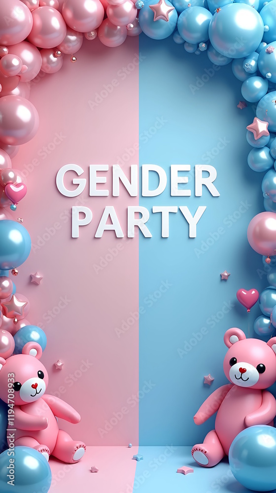 Fototapeta premium 3D Invitation card to the Gender reveal party, pink and blue balloons, bears, flowers, decor.