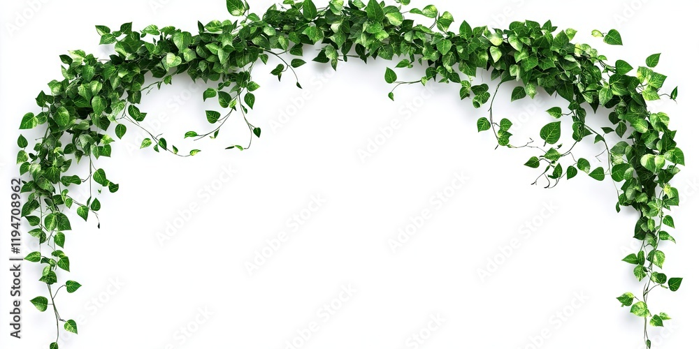 Green garland border with lush leaves arched at the top on a bright white background creating a fresh and vibrant decorative frame Green garland border with lush leaves arched at the top on a bright white background creating a fresh and vibrant decorative frame
