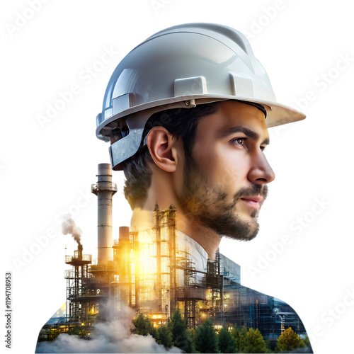 Portrait Engineer Industrial Plant Double Exposure Image man job work male face power     