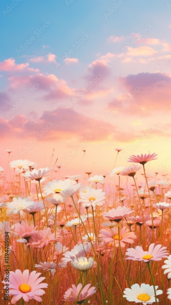 Fototapeta premium Field of daisy landscape sky grassland.