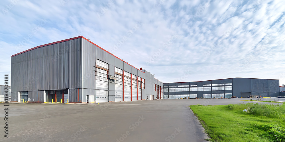 Fototapeta premium Spacious industrial warehouse interior with high ceilings, metal structures, and organized storage spaces, showcasing amazing details and perfect composition in high-definition quality.