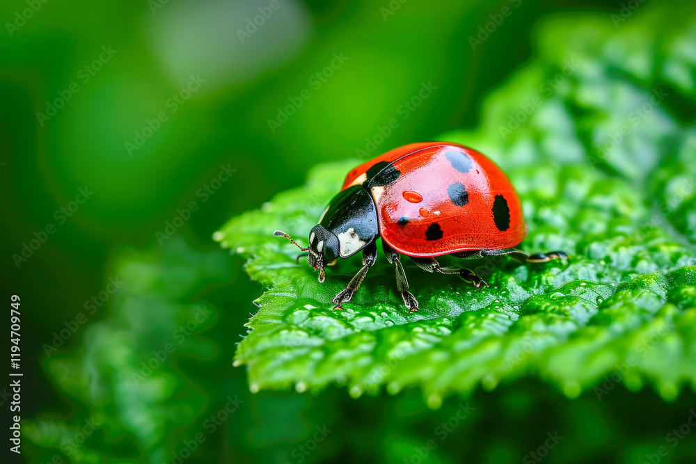 Ladybug, red with black dots green plant leaf. A beautiful brigh Ladybug, red with black dots green plant leaf. A beautiful brigh