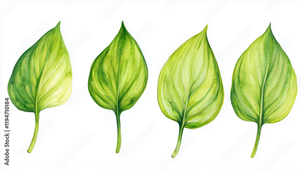 Watercolor set of lime-green hosta leaves isolated on white background Watercolor set of lime-green hosta leaves isolated on white background