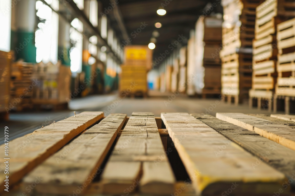 Warehouse filled with stacks of pallets. Shop production of wood