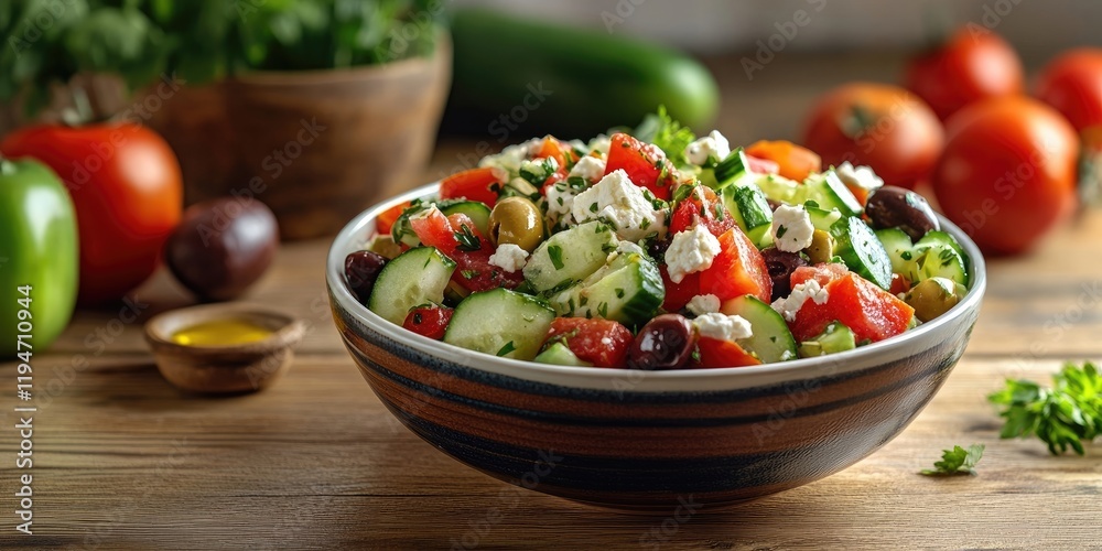 Fresh Greek salad in a deep bowl, vibrant tomatoes, cucumber, bell pepper, olives, and feta cheese on a rustic wooden table, bright colors, inviting setting. Fresh Greek salad in a deep bowl, vibrant tomatoes, cucumber, bell pepper, olives, and feta cheese on a rustic wooden table, bright colors, inviting setting.