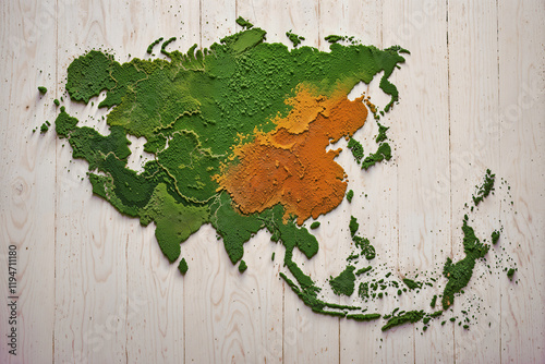 Creative Tea Powder Art in the Shape of the Asian Continent on a White Wooden Table, Unique and Artistic Food illustration Concept, generative AI