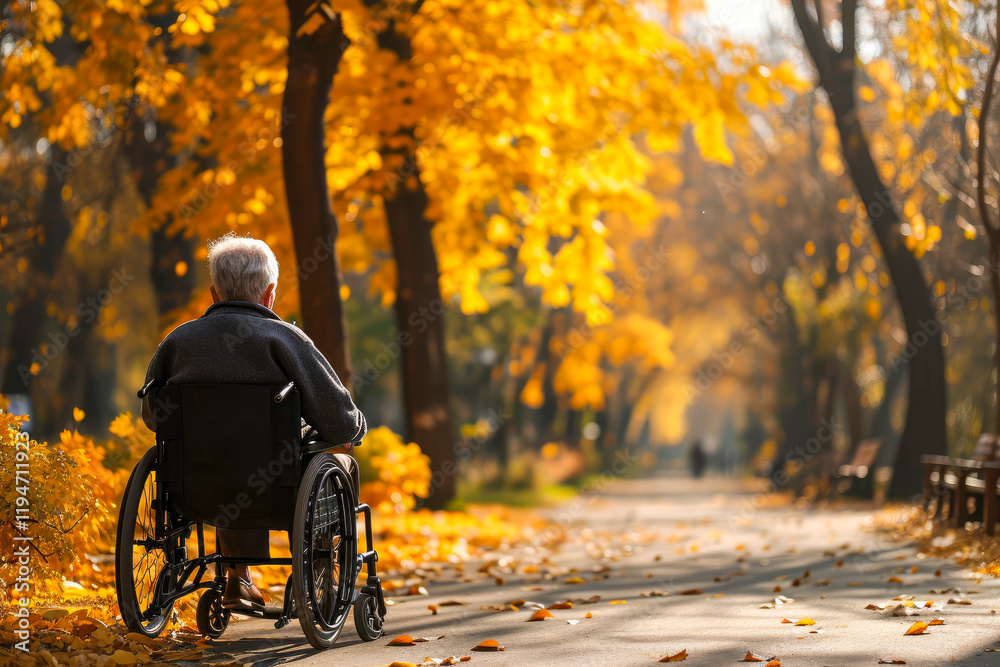 An elderly man rides in a wheelchair in a fall park. A lonely ol An elderly man rides in a wheelchair in a fall park. A lonely ol