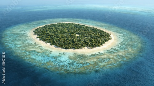 Aerial view of a tropical island surrounded by turquoise waters.