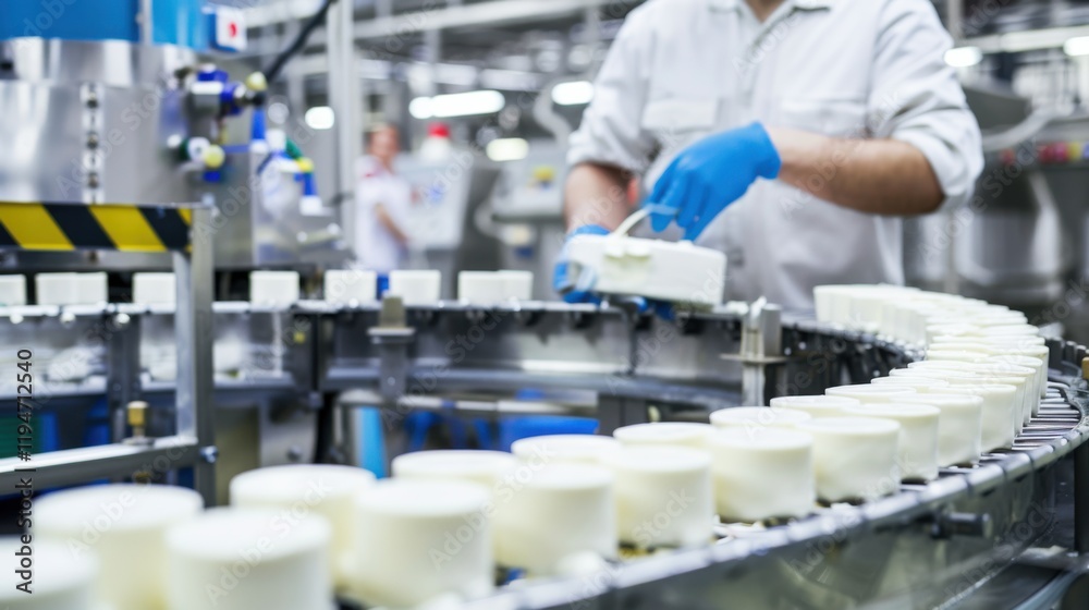 A food processing engineer overseeing the packaging of dairy products in a food manufacturing plant, with packaging machines and dairy production lines in operation, Dairy product packaging scene A food processing engineer overseeing the packaging of dairy products in a food manufacturing plant, with packaging machines and dairy production lines in operation, Dairy product packaging scene