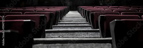 Empty theater chairs arranged in perfect symmetry, showcasing intricate details and high-definition quality, creating a stunning visual composition in an empty auditorium, ideal for illustrating solit photo