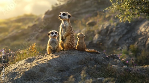 Meerkat family on rocky outcrop at dawn.  Possible use nature, wildlife, animals, education, wallpaper photo