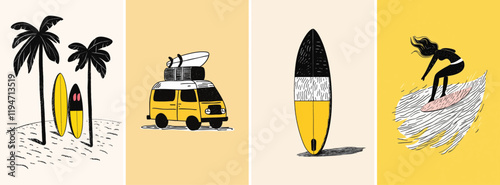 Hand drawn whimsical style summer surfing illustrations
