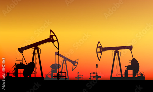 Pumpjack, pump jack pumps oil. Background colorful sunset sky. Onshore crude oil production, industry, business. Oil field. Silhouette, horizon, desert. Carbon energy. Vector illustration