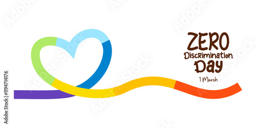 Zero discrimination day. Symbol colorful rainbow heart ribbon. International holiday celebrated on March 1st, advocating for equality and diversity. Vector illustration