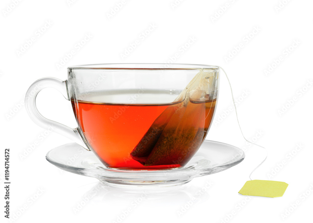 Cup with teabag isolated on white. Brewing aromatic tea Cup with teabag isolated on white. Brewing aromatic tea