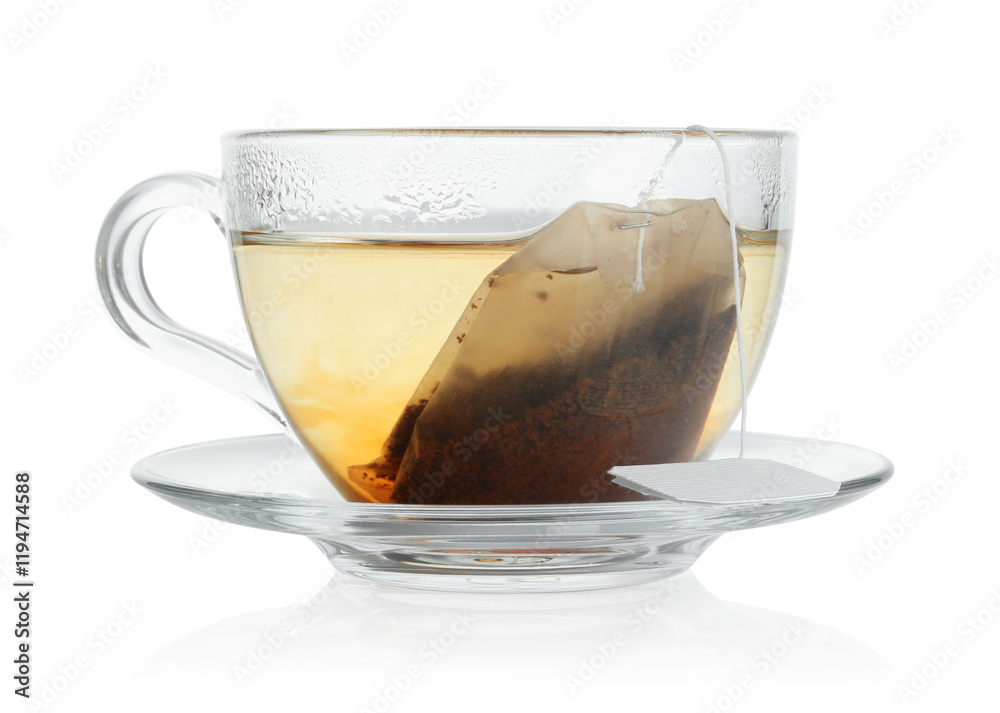 Tea bag in glass cup with hot drink isolated on white Tea bag in glass cup with hot drink isolated on white
