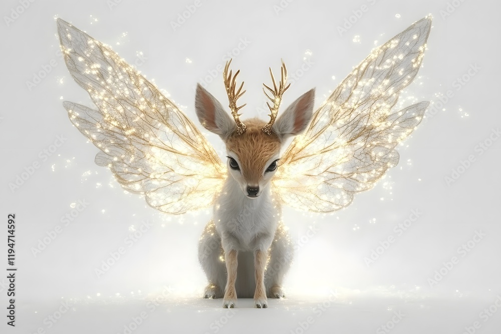 Dreamy Glowing Antlered Fairy Deer 3D Cartoon on White Background