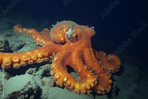 A massive orange octopus sprawls its tentacles across the ocean floor, showcasing its grandeur and the rich marine life in deep waters, inspiring awe and curiosity. photo