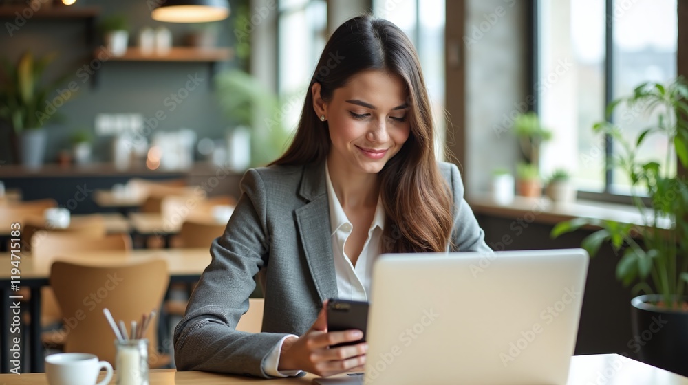 Professional woman working in cafe laptop smartphone business Professional woman working in cafe laptop smartphone business