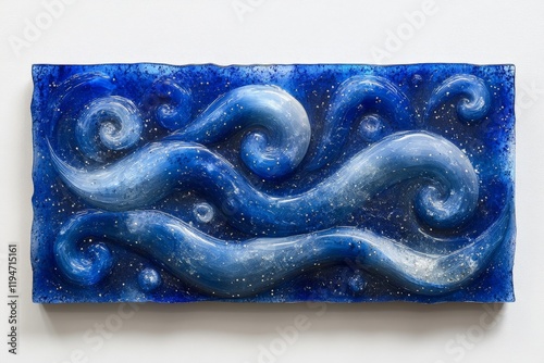 This image displays an artwork with swirling blue waves, crafted in a textured medium. The piece captures the dynamic movement of the ocean, exuding depth and emotion. photo