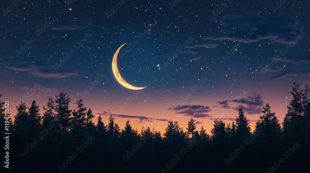 Crescent Moon Night Sky Over Silhouetted Forest Crescent Moon Night Sky Over Silhouetted Forest