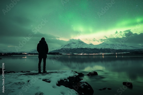 A solitary figure stands enveloped in contemplation along a frozen shoreline while vibrant green aurora borealis lights blend into the expansive night sky above. photo