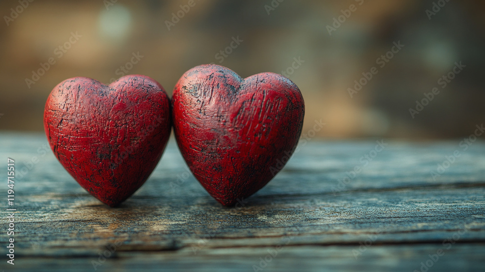 Fototapeta premium A pair of red hearts against a wooden background Valentine's Day