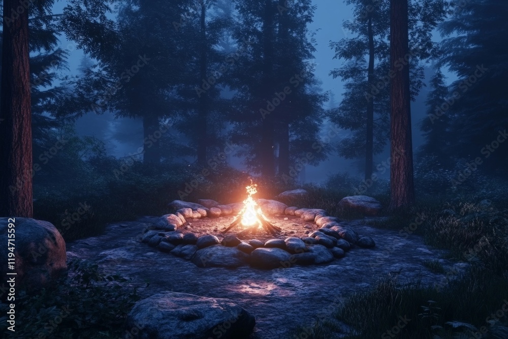 A mystical forest illuminated by a central campfire, surrounded by towering trees and rocks that create a captivating nighttime ambiance and solitude feeling. A mystical forest illuminated by a central campfire, surrounded by towering trees and rocks that create a captivating nighttime ambiance and solitude feeling.