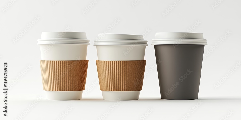 Coffee cup mockup set featuring three cups: white, brown, and dark gray on a light background with ample copy space for text and logos. Coffee cup mockup set featuring three cups: white, brown, and dark gray on a light background with ample copy space for text and logos.